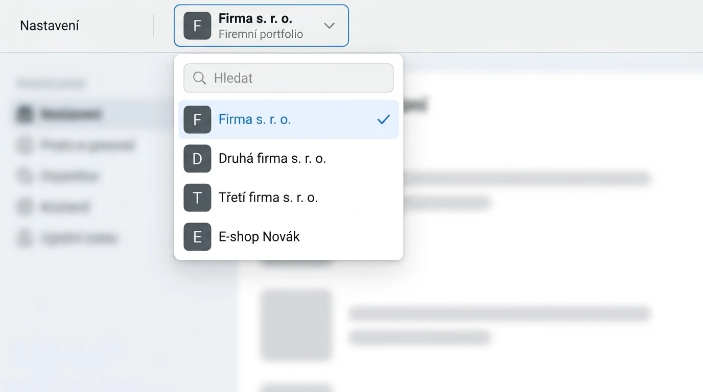 Přepínač firem v horní liště nastavení s rozbaleným seznamem portfolií