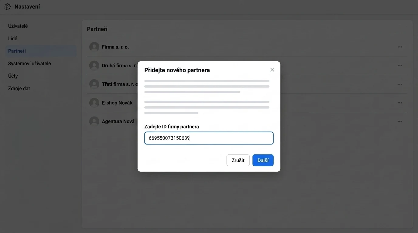 Dialog Přidejte nového partnera s polem pro zadání ID firmy partnera