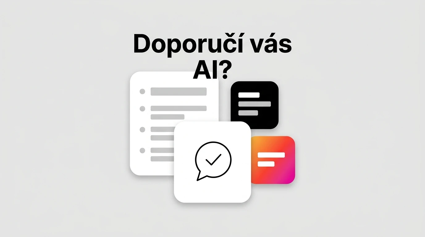 Koláž s otázkou Doporučí vás AI, seznam výsledků vyhledávání vedle bubliny s doporučením
