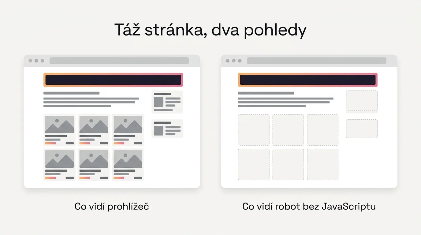 Ilustrace srovnává, co na téže stránce vidí prohlížeč a co robot bez spuštěného JavaScriptu: prohlížeč plnou stránku, robot text bez widgetů a bez výpisu dotahovaného z API