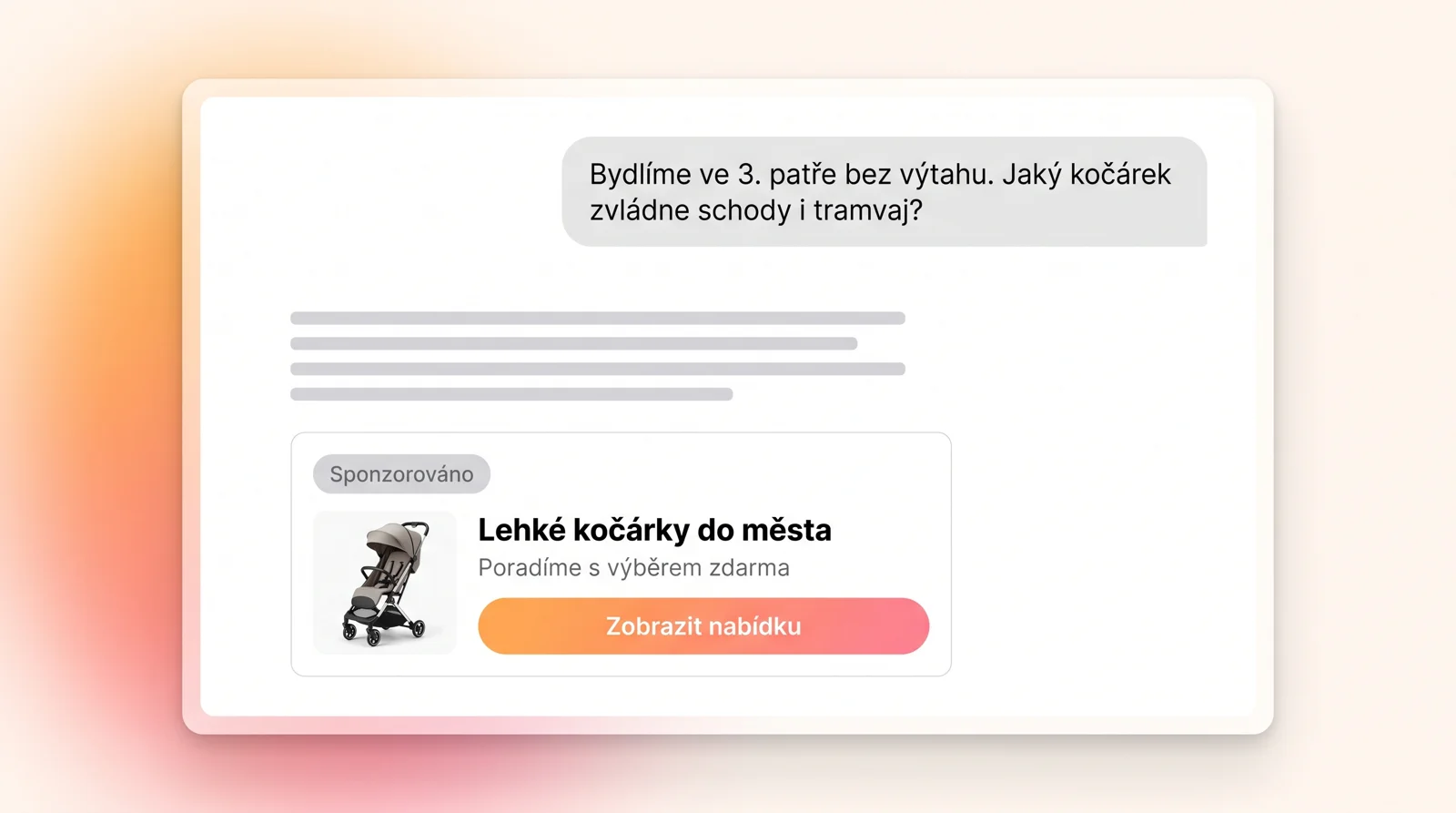 Ilustrace chatového okna: pod odpovědí na dotaz rodičů, jaký kočárek zvládne schody i tramvaj, je karta označená Sponzorováno