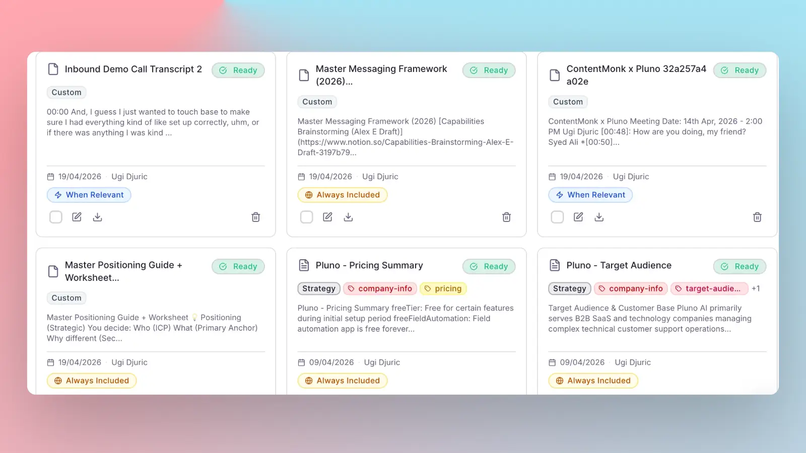 ContentMonk knowledge base, holding call transcripts, positioning documents and company facts tagged for use in writing