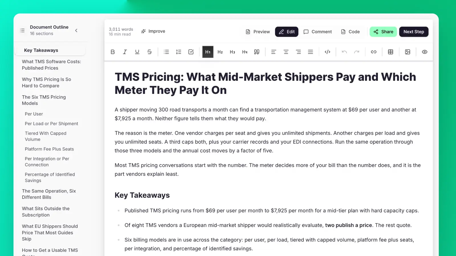 ContentMonk article editor, showing a finished long-form draft with a document outline and word count