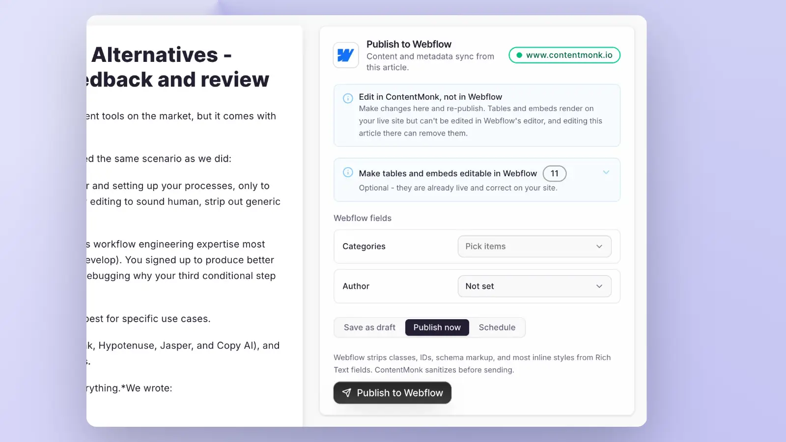 ContentMonk publishing panel, pushing a finished article straight to Webflow with category and author fields