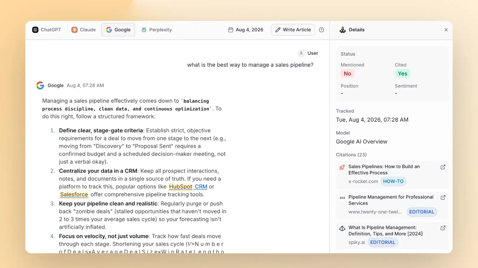 ContentMonk answer detail view, showing a full AI response with whether you were mentioned or cited and the sources it used