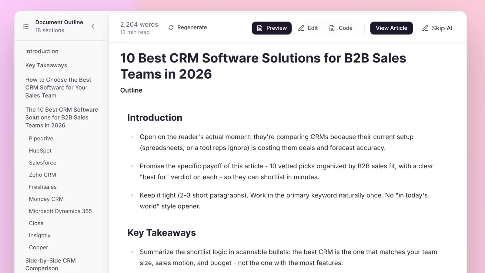 ContentMonk content brief, with a section by section outline and directives on what each part of the article must cover