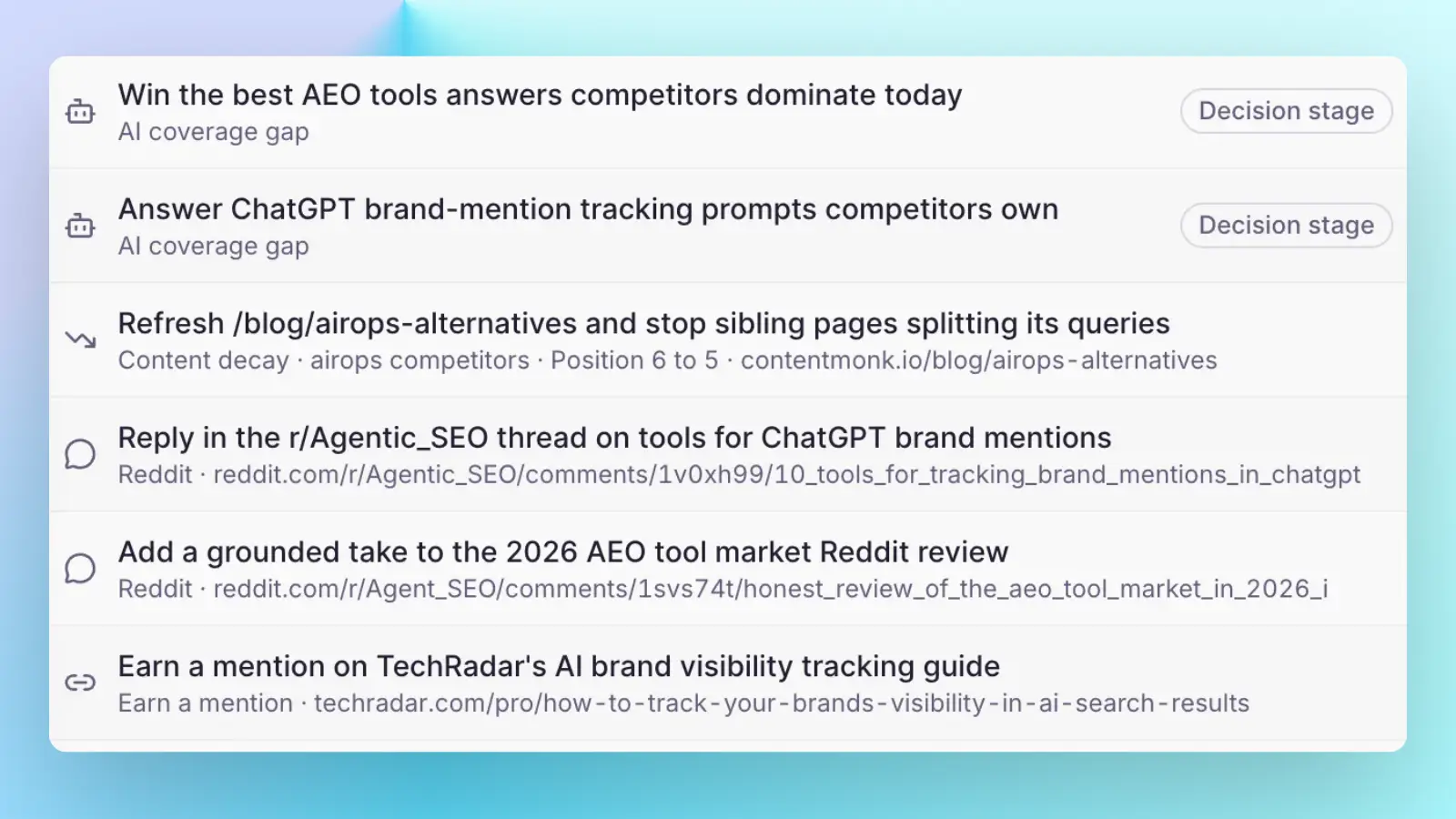 ContentMonk opportunity list, mixing AI coverage gaps, content decay, forum replies to join and third-party mentions to earn