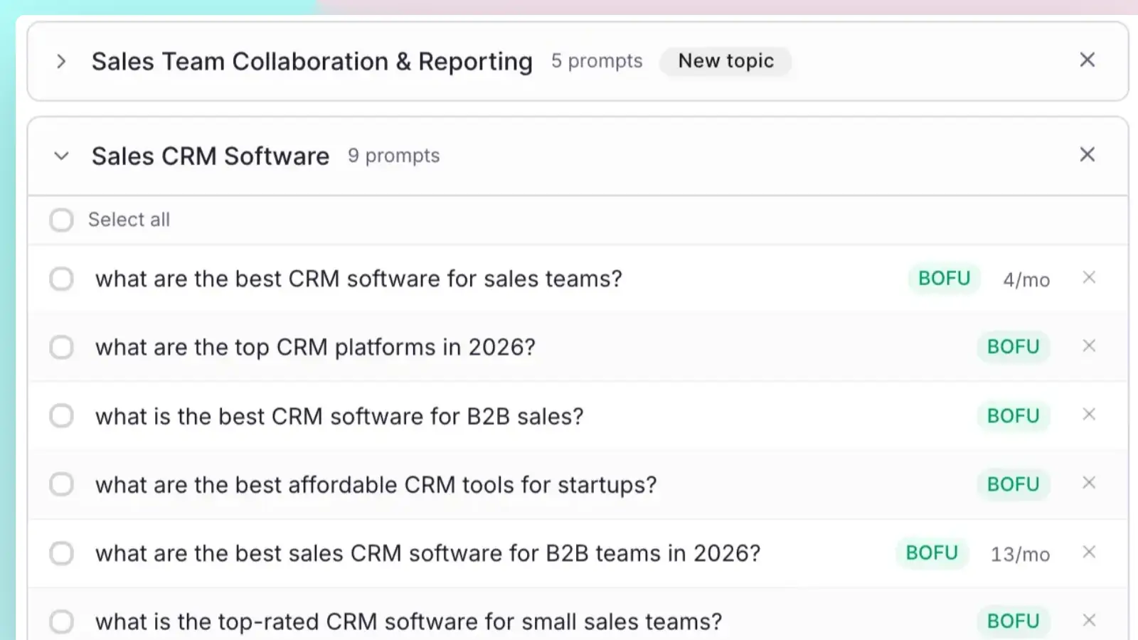 ContentMonk prompt tracking, showing bottom-of-funnel prompts grouped by topic with buying stage and monthly volume