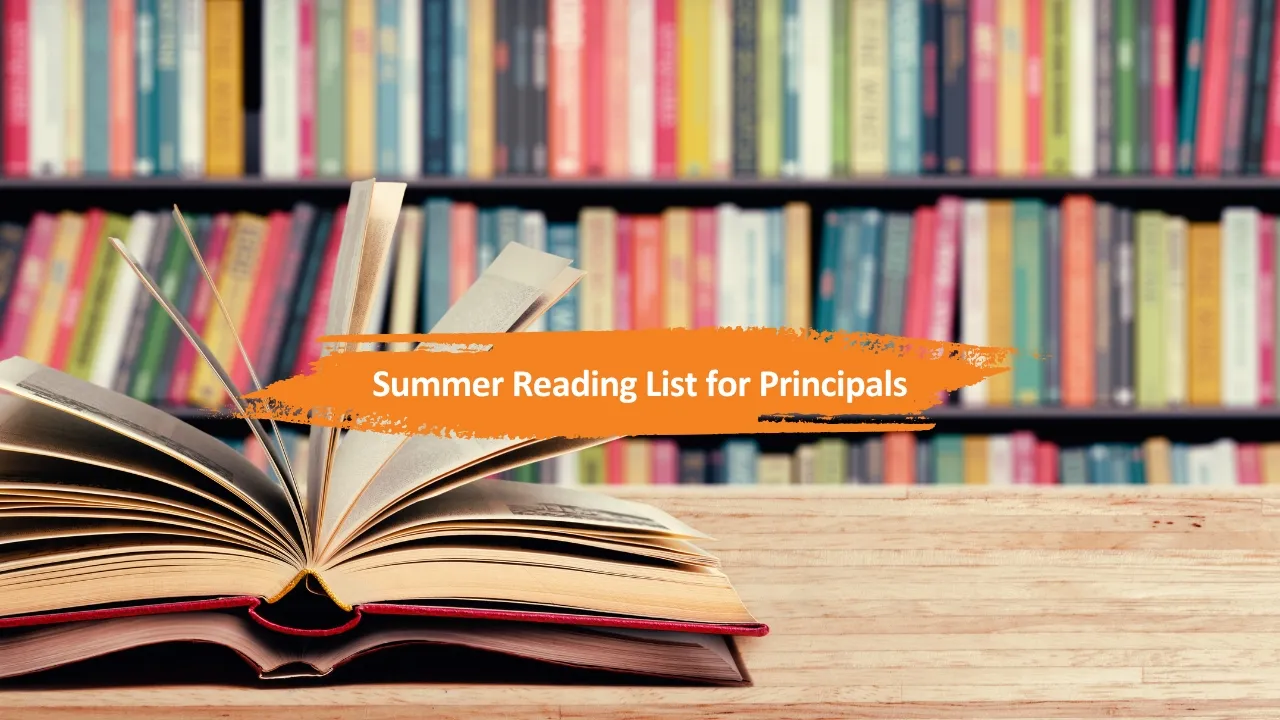 A stack of books with a red book on top and a sign that says summer reading list for principals. - The Fellowship Images