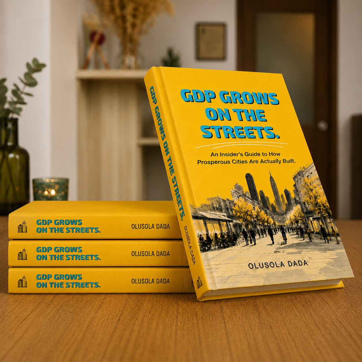 Stack of yellow books titled 'GDP Grows on the Streets' by Olusola Dada on a wooden table.