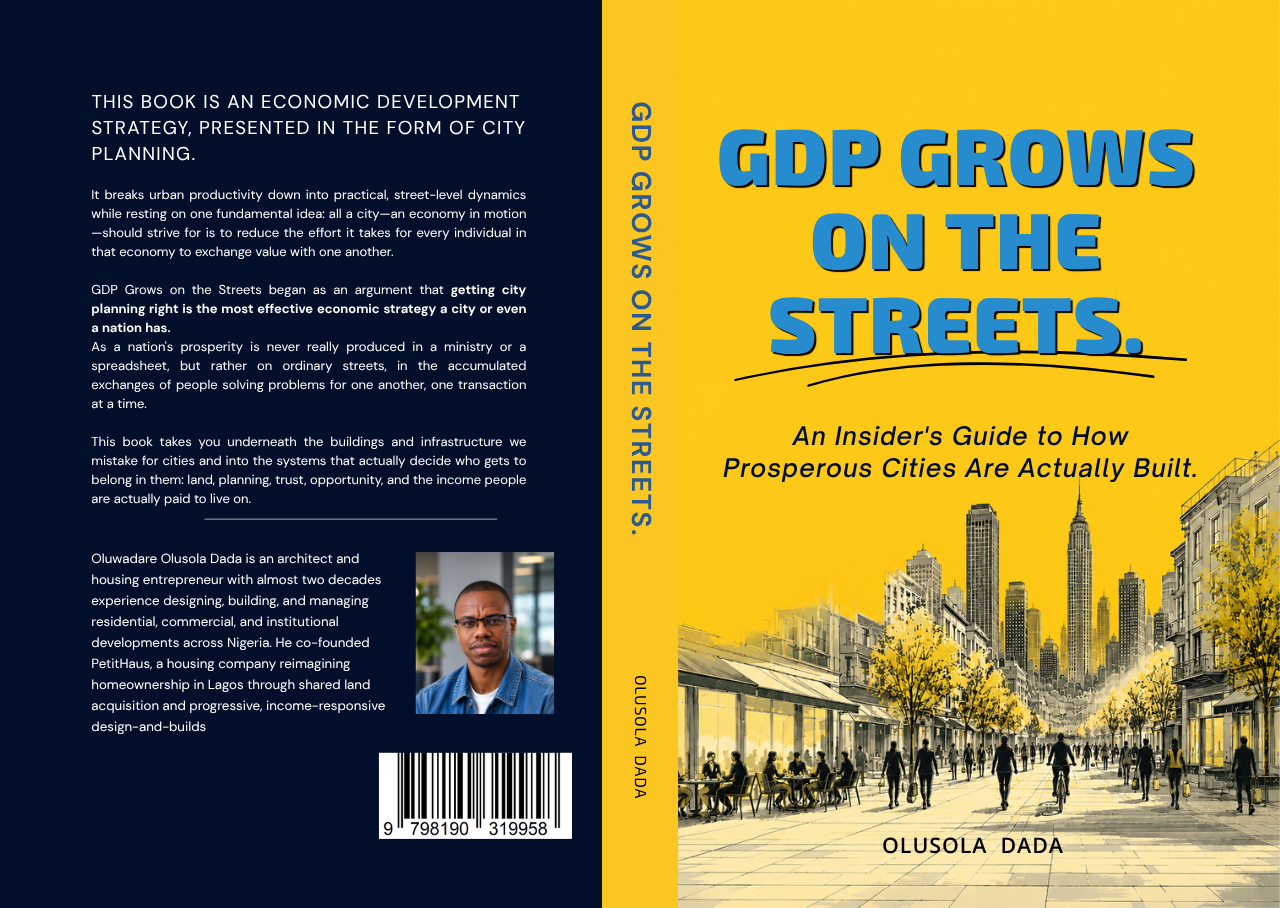 Book cover titled 'GDP Grows on the Streets' with cityscape illustration and author Olusola Dada's photo on back.