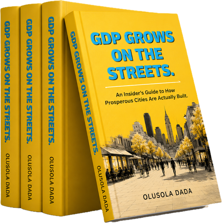 E-book cover on a tablet titled 'GDP Grows on the Streets' with a city street and skyline illustration.