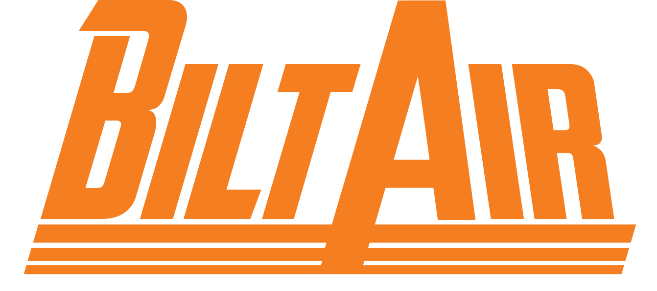 BiltAir logo. the logo is the word BiltAir letters slanted to the middle, with three lines underneath, in orange