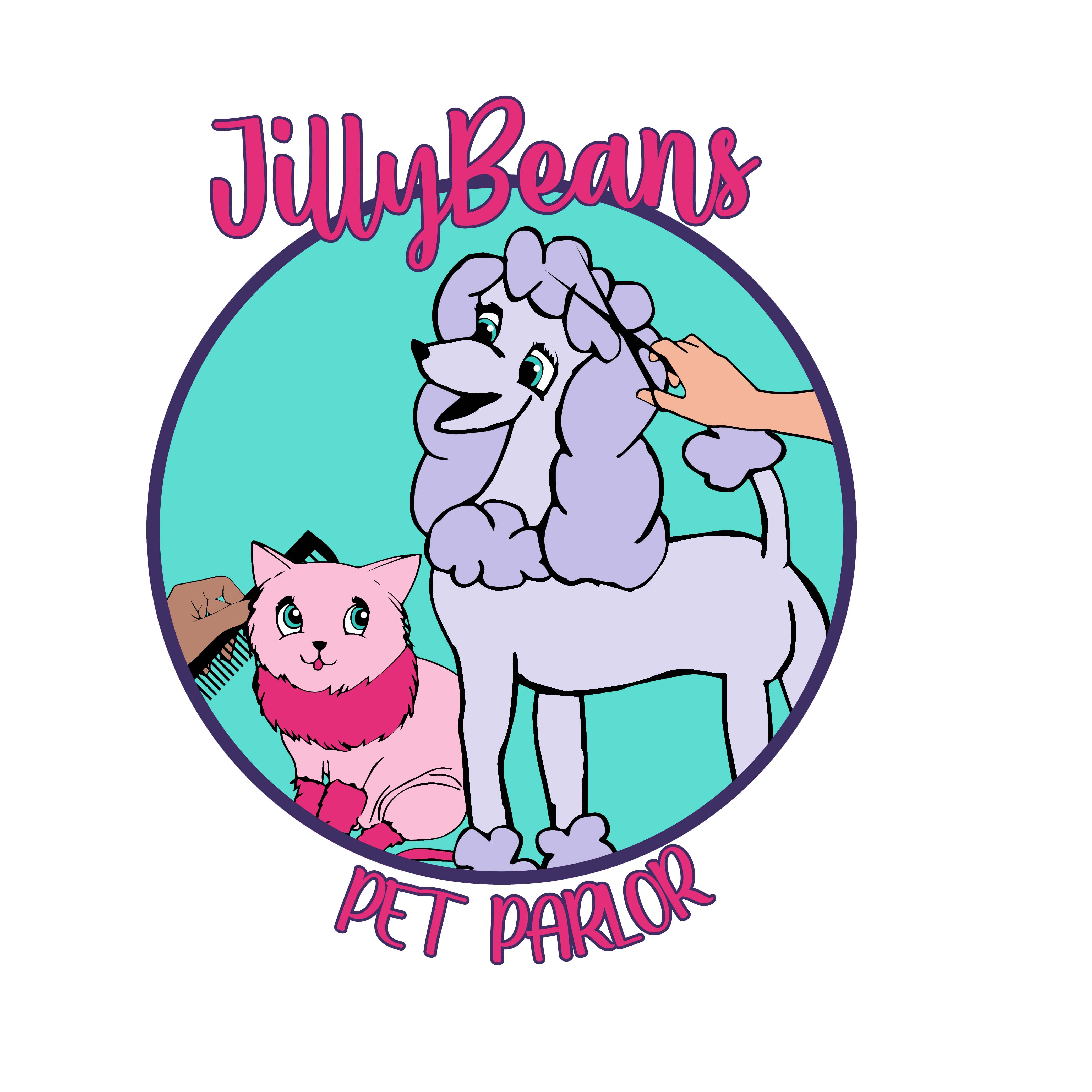 Logo for Jilly Beans Pet Parlor, has a purple dog getting its hair cut, and a pink cat being combed inside a teal circle.