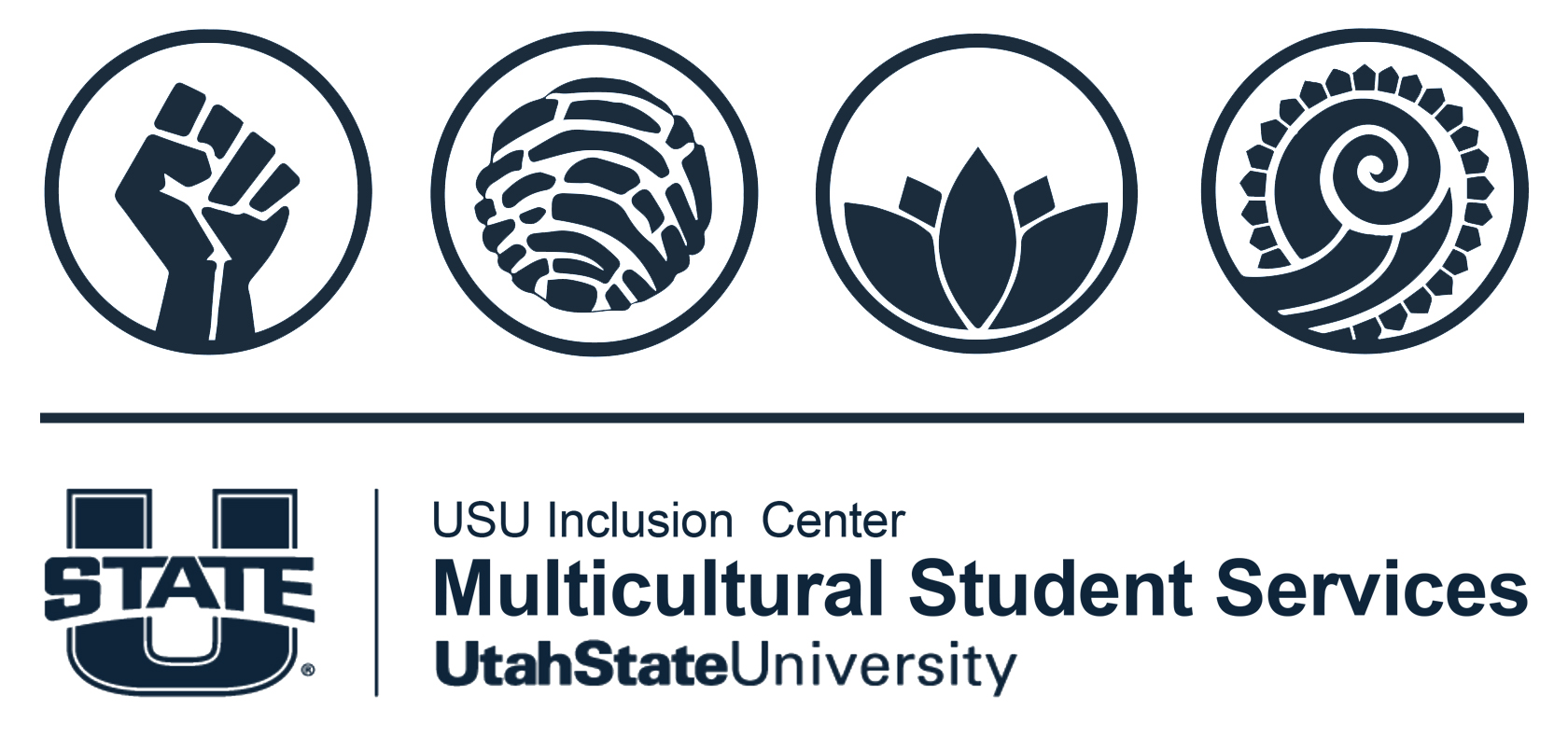 Logo for the USU inclusion center. Includes 4 distinct circular images to represent each of the student unions on campus.