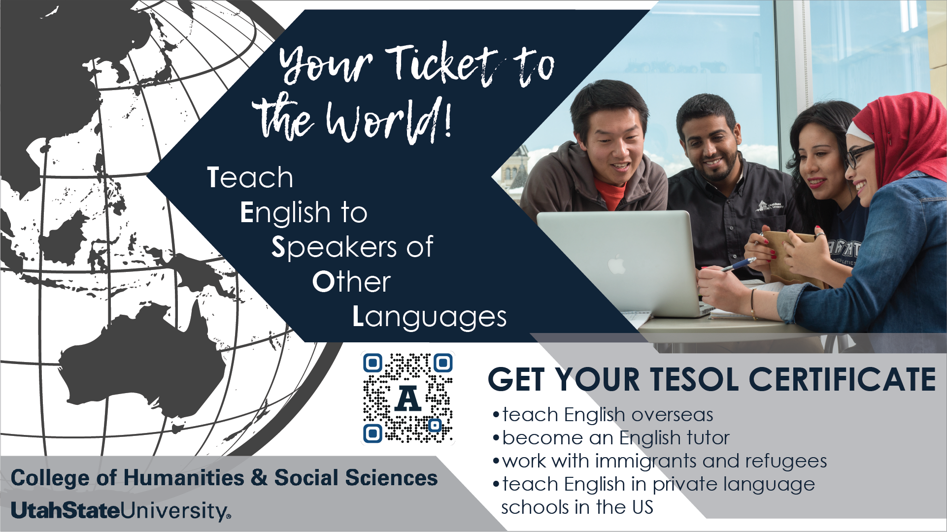 marketing materials using digital signage to advertise USU's TESOL certificate