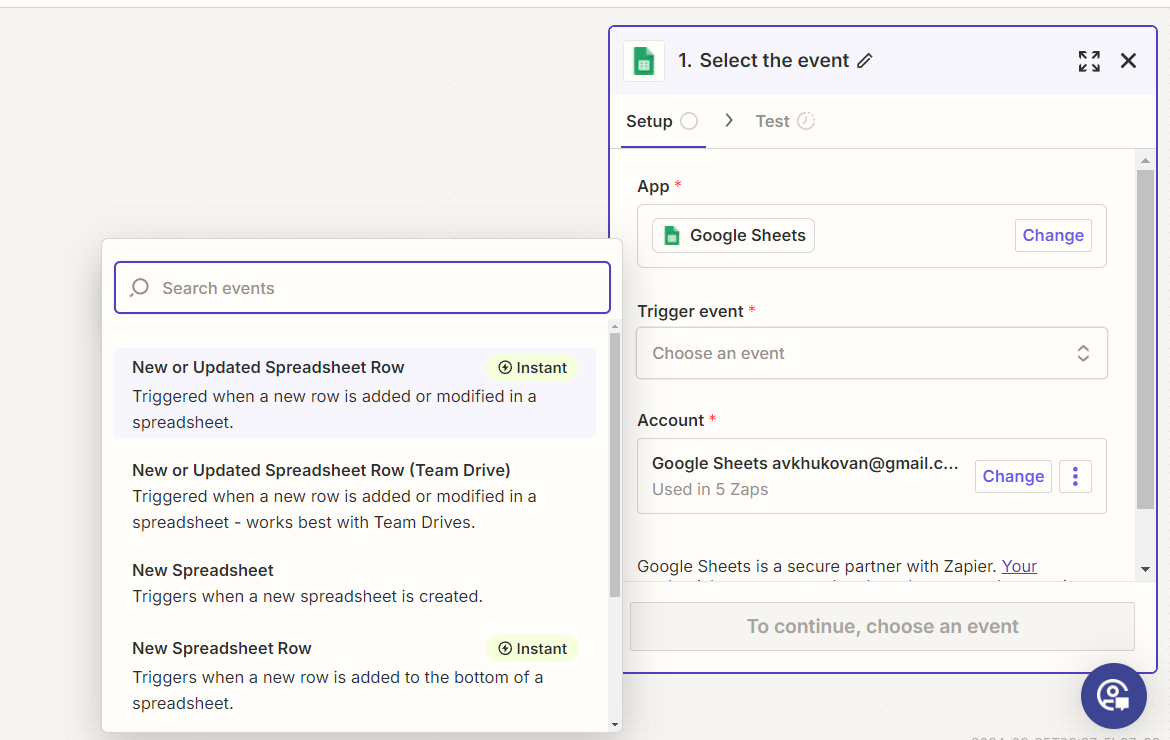 Selecting a Trigger event in Zapier