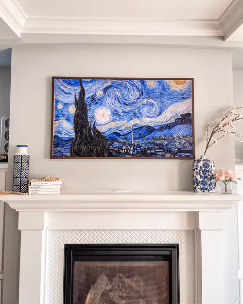 65" Samsung Frame TV Mounted Onto Drywall Above Fireplace - Same Day TV Mounting