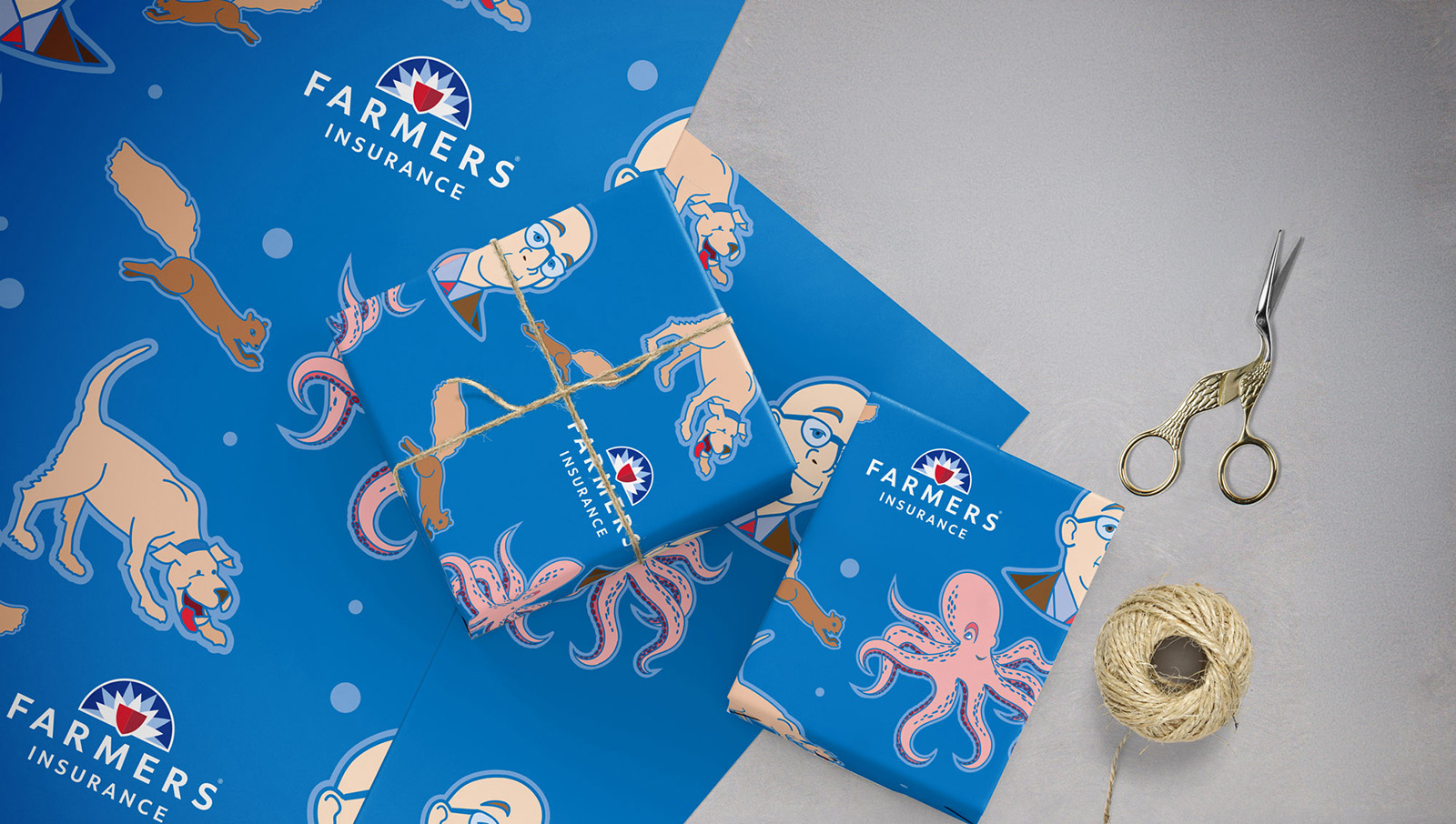 Farmers Insurance wrapping paper, featuring the Professor and a happy dog.
