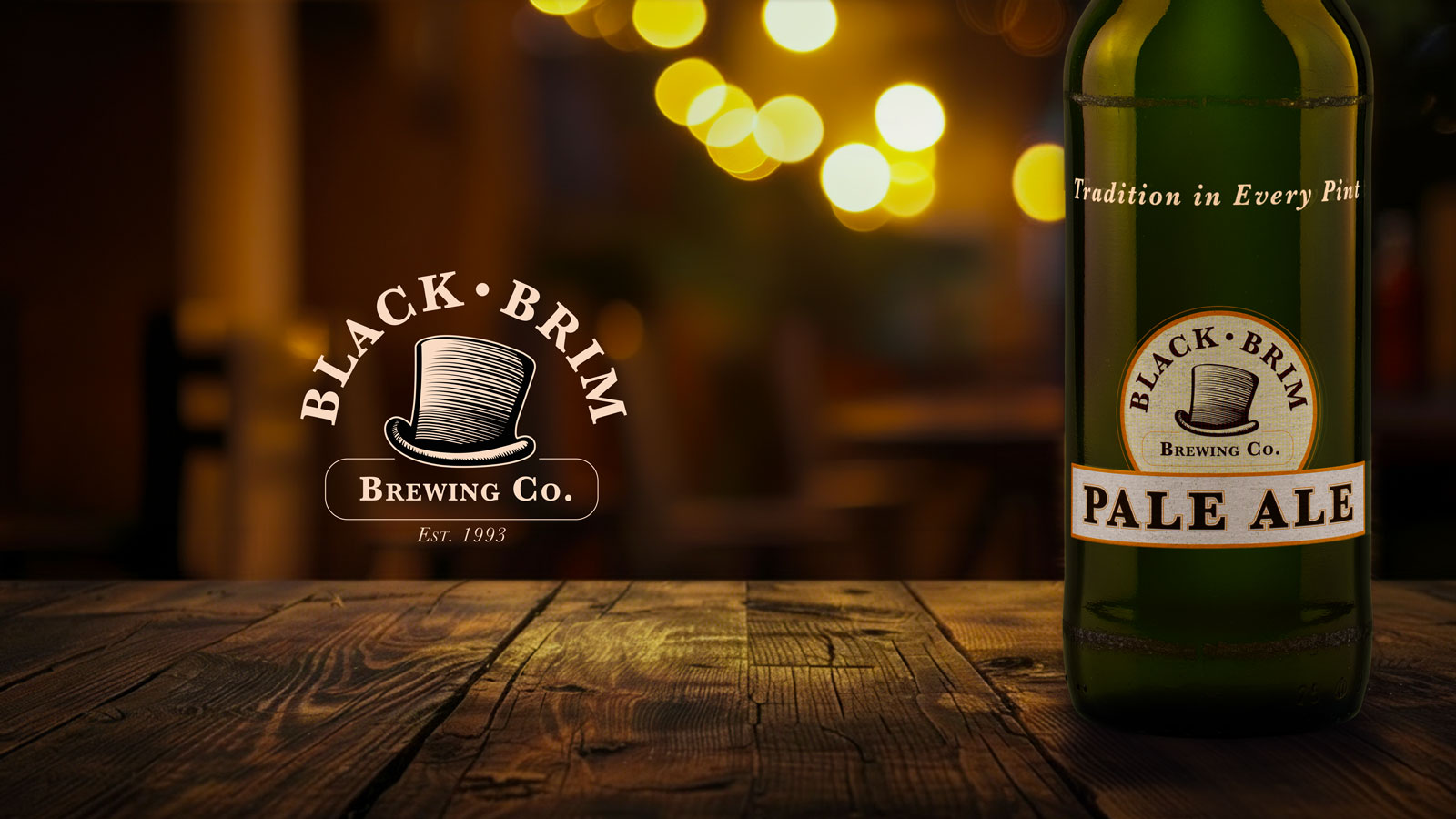 Black Brim Brewing Co. branding with a vintage top-hat logo and a Pale Ale bottle on a warm, wood-textured brewery backdrop.