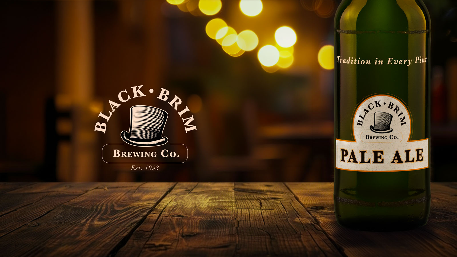 Black Brim Brewing Co. branding with a vintage top-hat logo and a Pale Ale bottle on a warm, wood-textured brewery backdrop.
