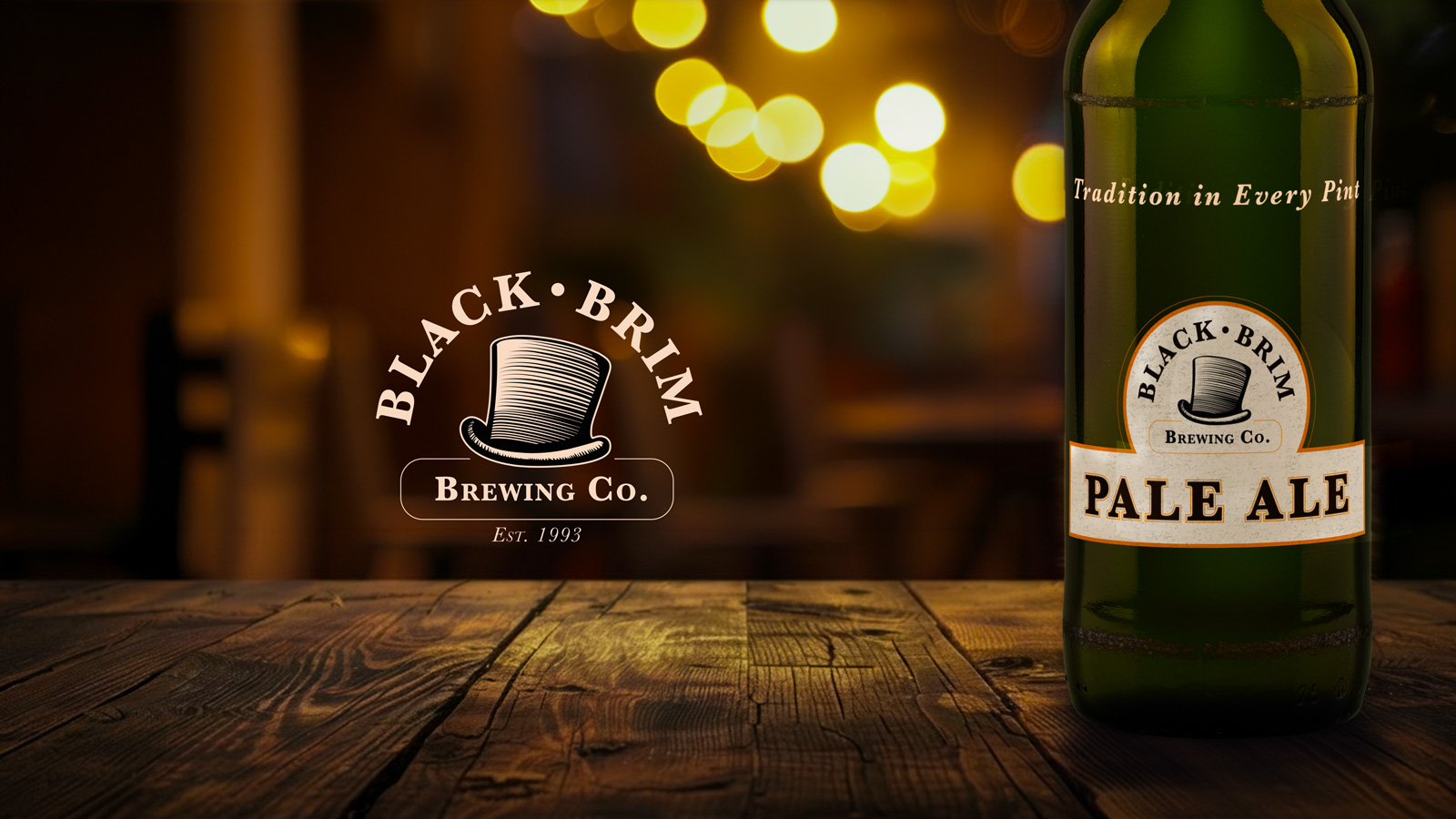 Black Brim Brewing Co. branding with a vintage top-hat logo and a Pale Ale bottle on a warm, wood-textured brewery backdrop.