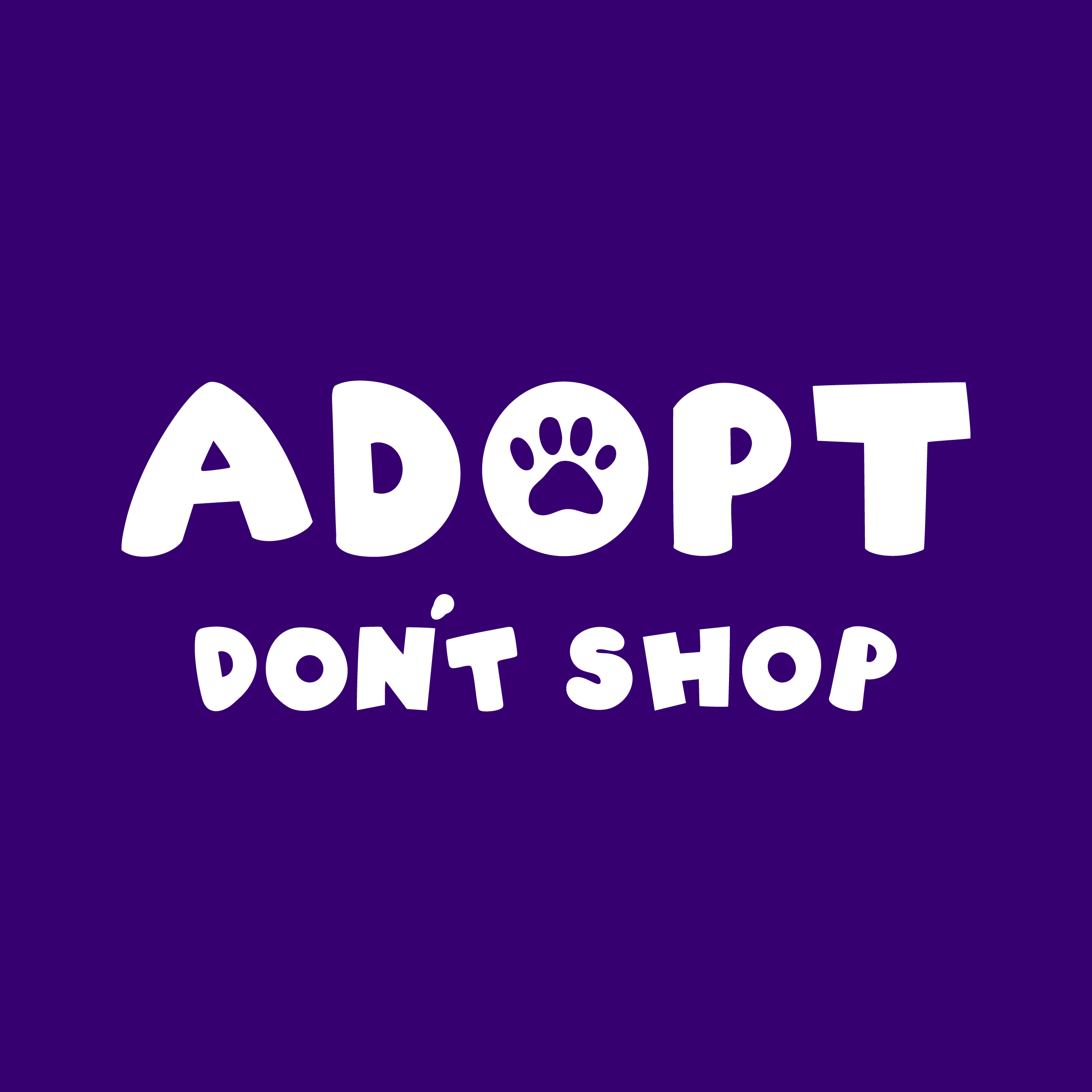 White Adopt Don’t Shop campaign logo on a purple background.