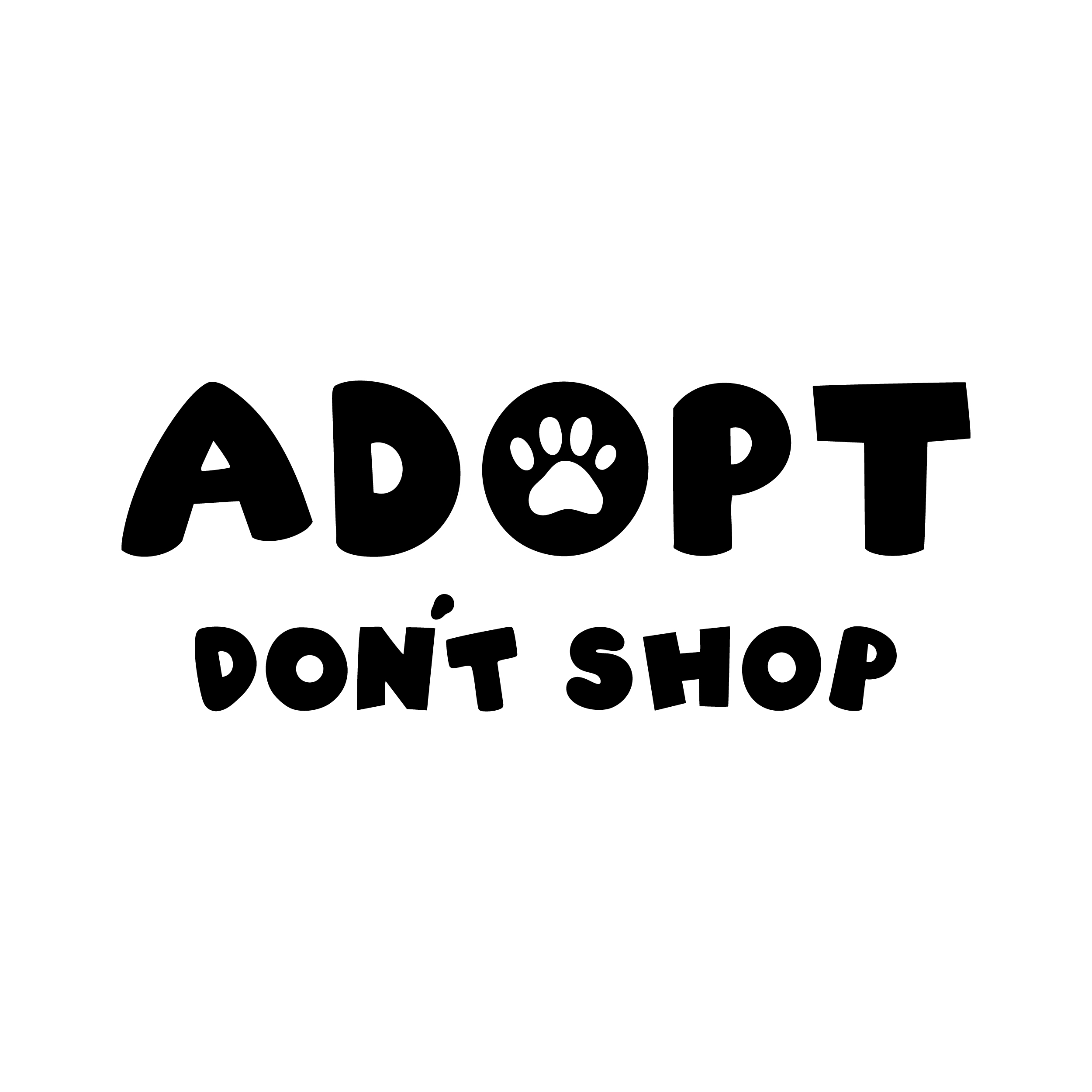 Black Adopt Don’t Shop campaign logo on white, with a paw print inside the letter O.