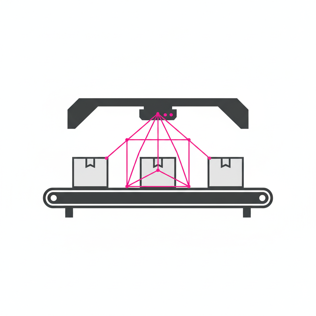 Automated dimensioning system scanning parcels on a conveyor belt