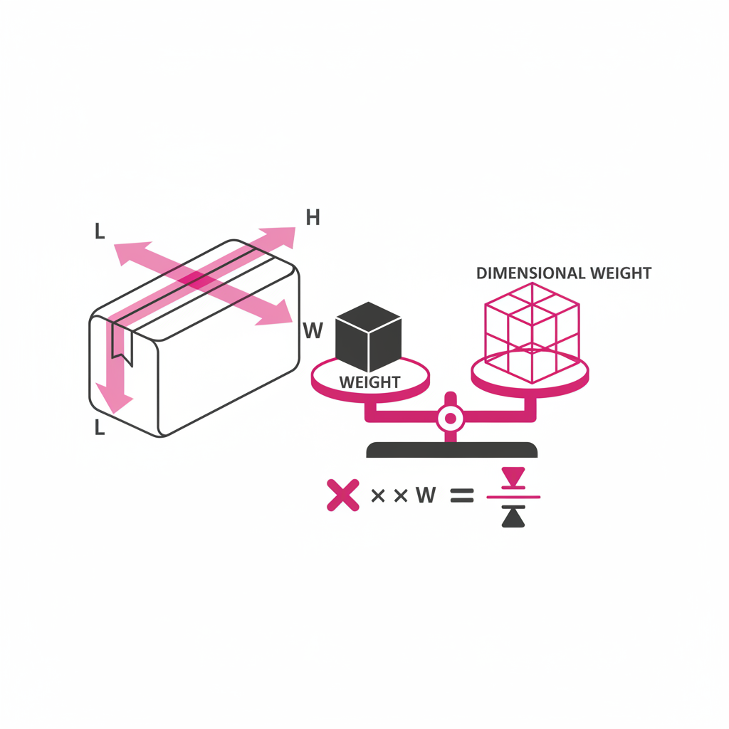 Dimensional weight calculation concept with package dimensions and scale