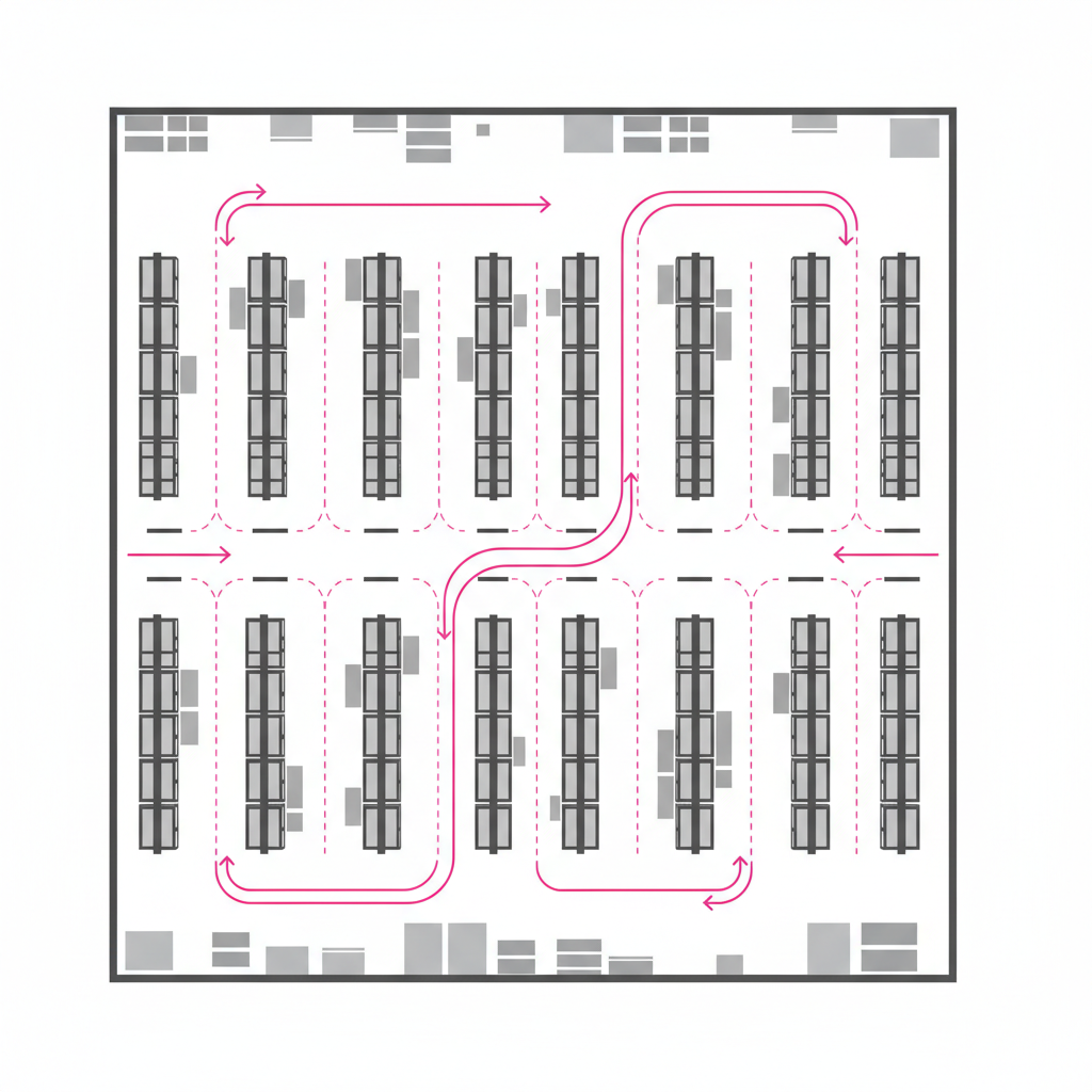 Warehouse floor plan with optimized forklift paths and shelving layout