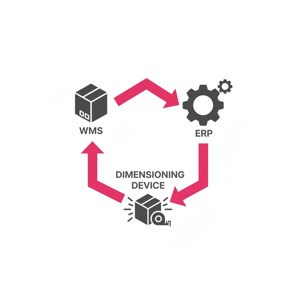 WMS and ERP systems integrated with a dimensioning device in a triangle data flow