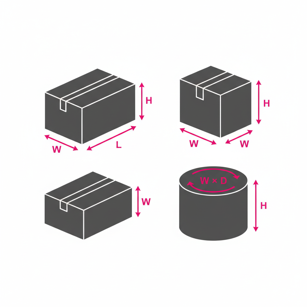 Multiple packages of different shapes with L W H dimension arrows