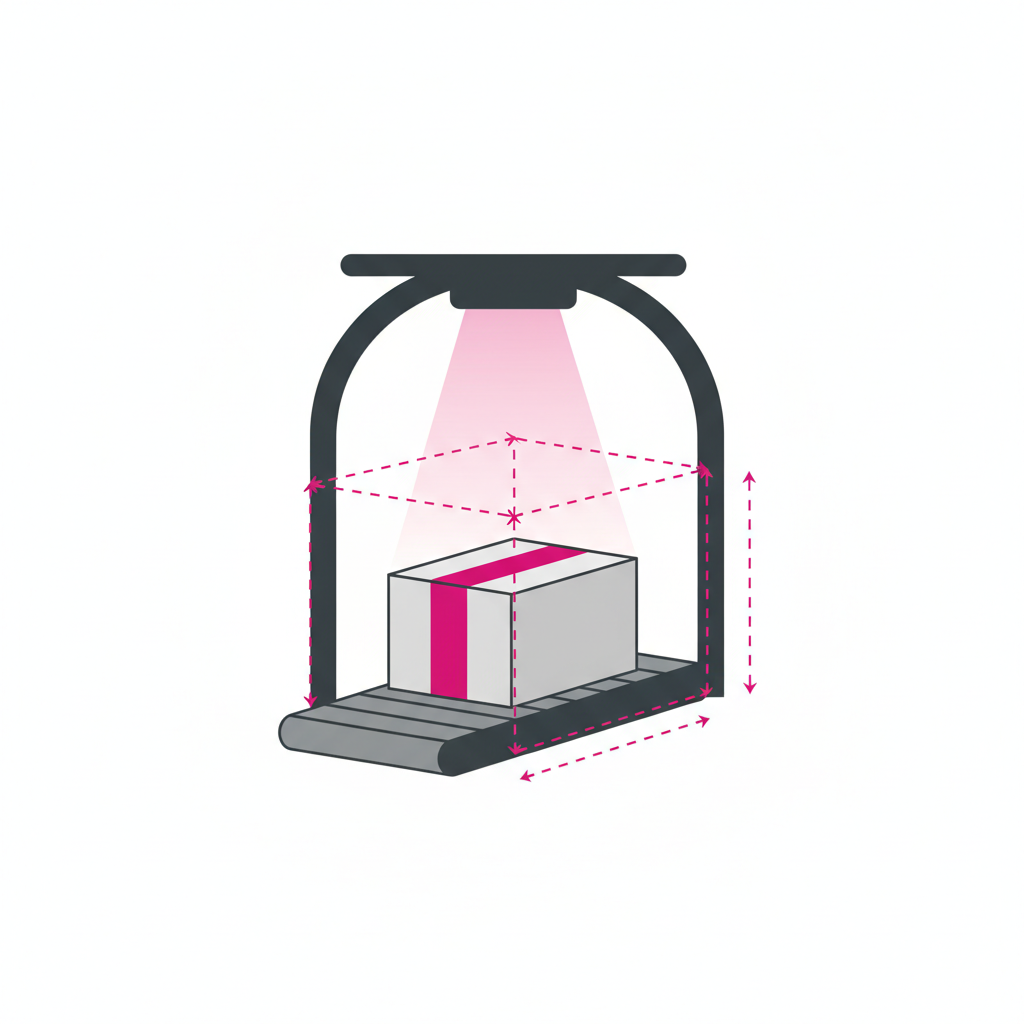 Parcel dimensioning portal frame scanning a package with 3D bounding box measurement lines
