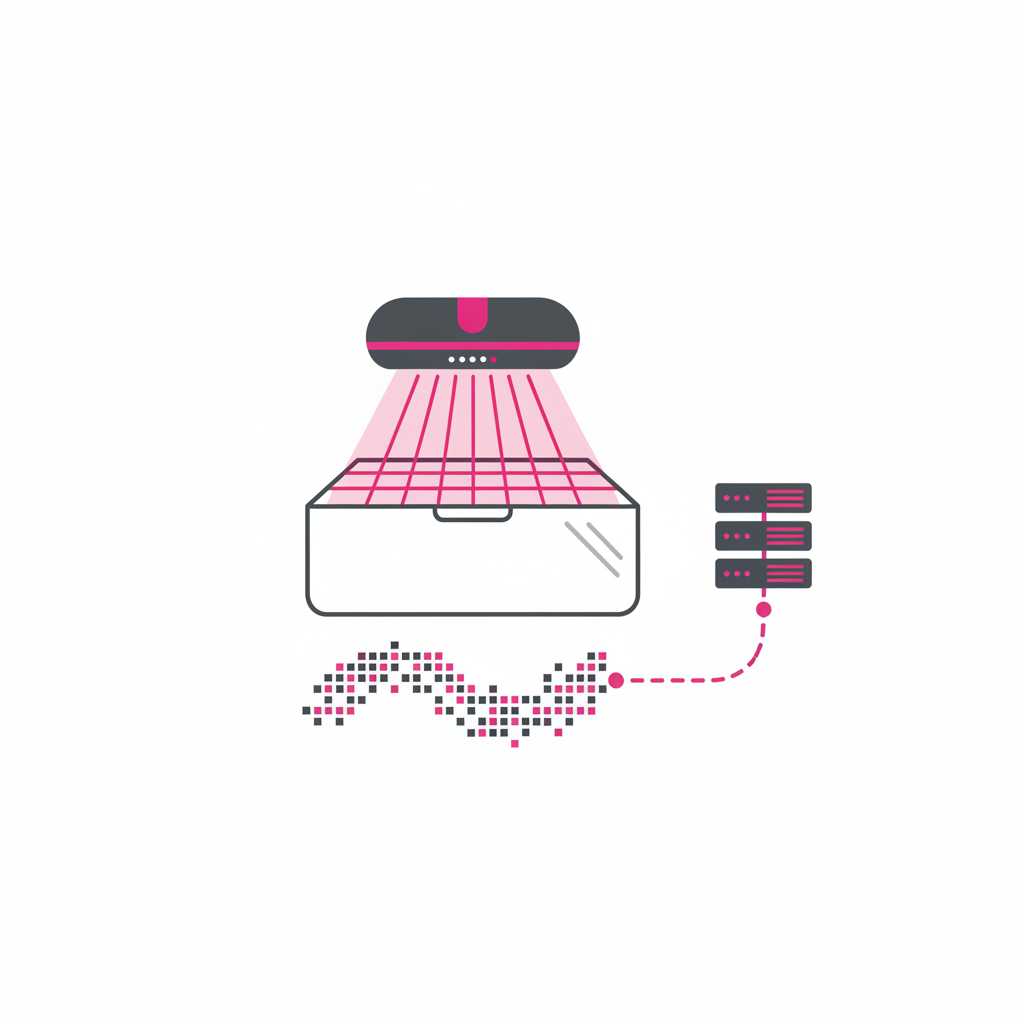 Dimensioning sensor emitting structured light beams onto a box with data flowing to server