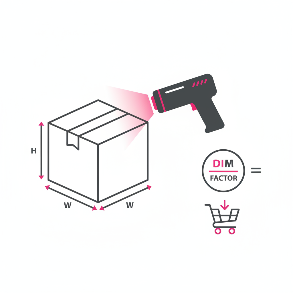 E-commerce parcel being scanned with handheld dimensioner showing DIM weight formula