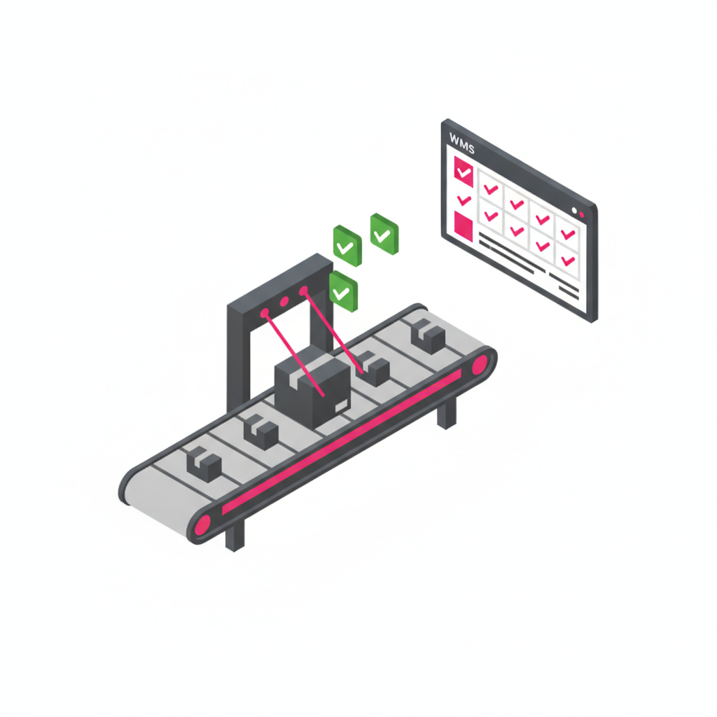 Automated warehouse with conveyor belt scanner and WMS dashboard
