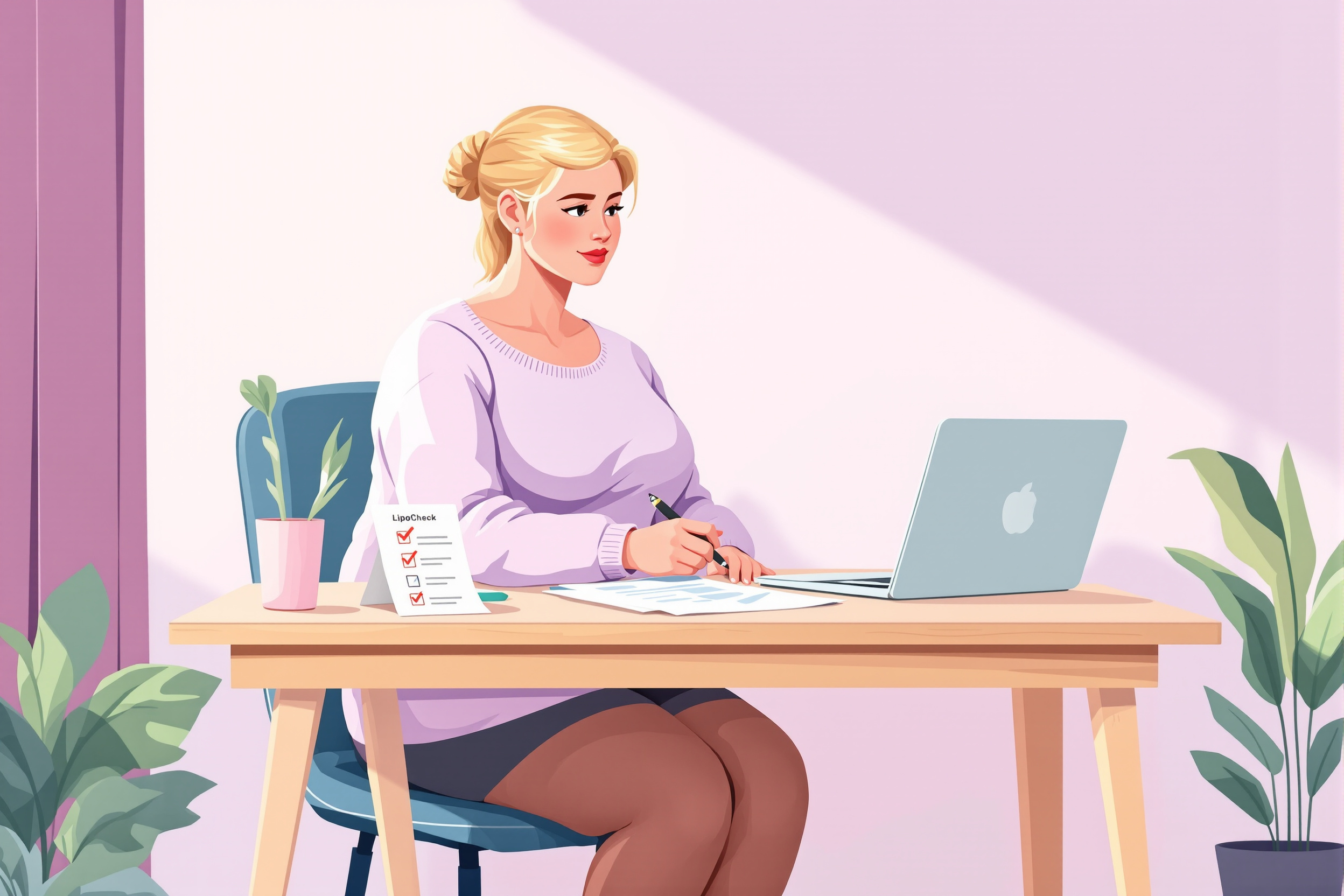 Illustration einer Frau, die ihren Antrag auf Liposuktion bei Lipödem vorbereitet.