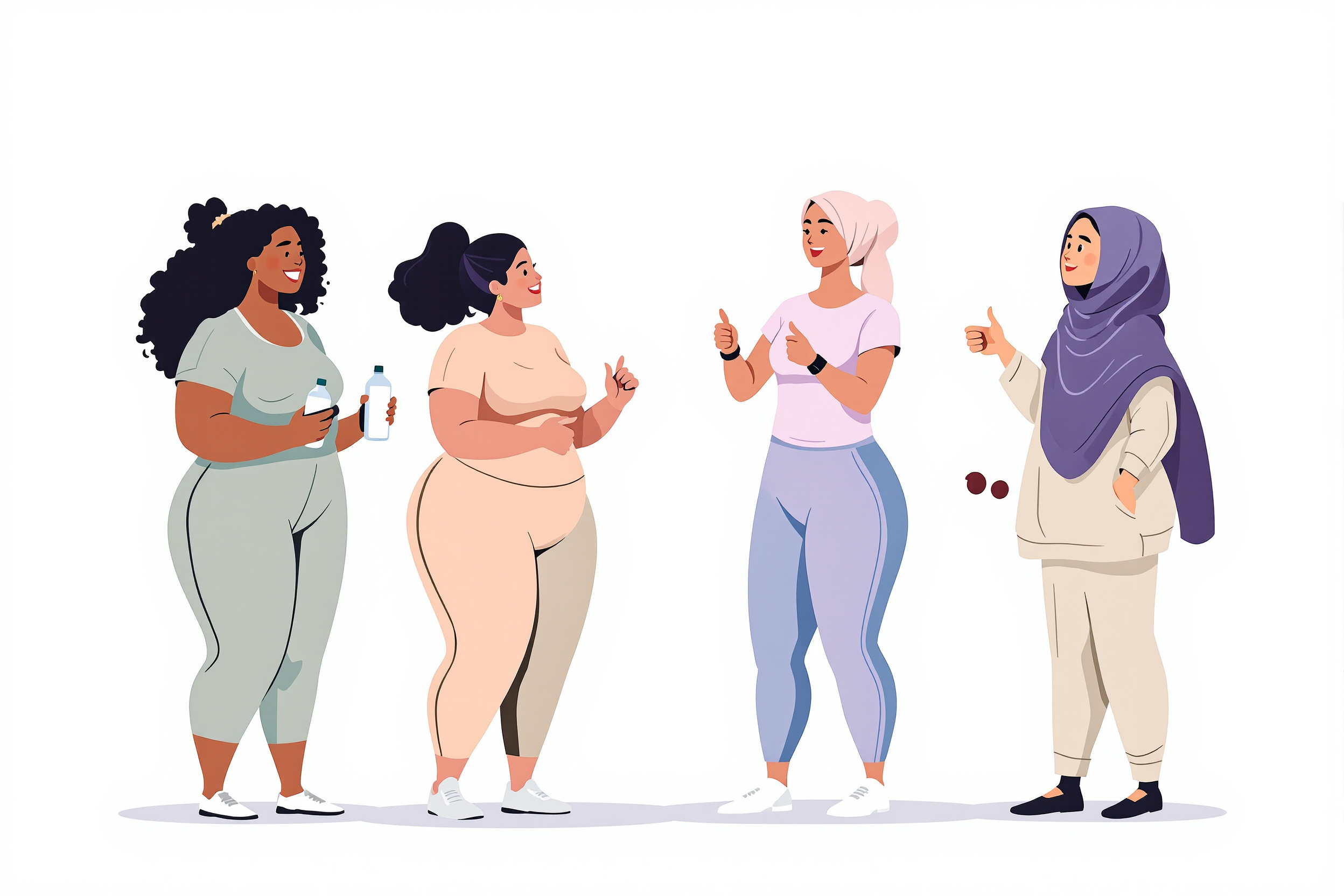 Illustration von vier Frauen unterschiedlicher Ethnien, die sich gegenseitig bei einem gesunden Lebensstil unterstützen, um Lipödem vor einer Operation zu bewältigen.