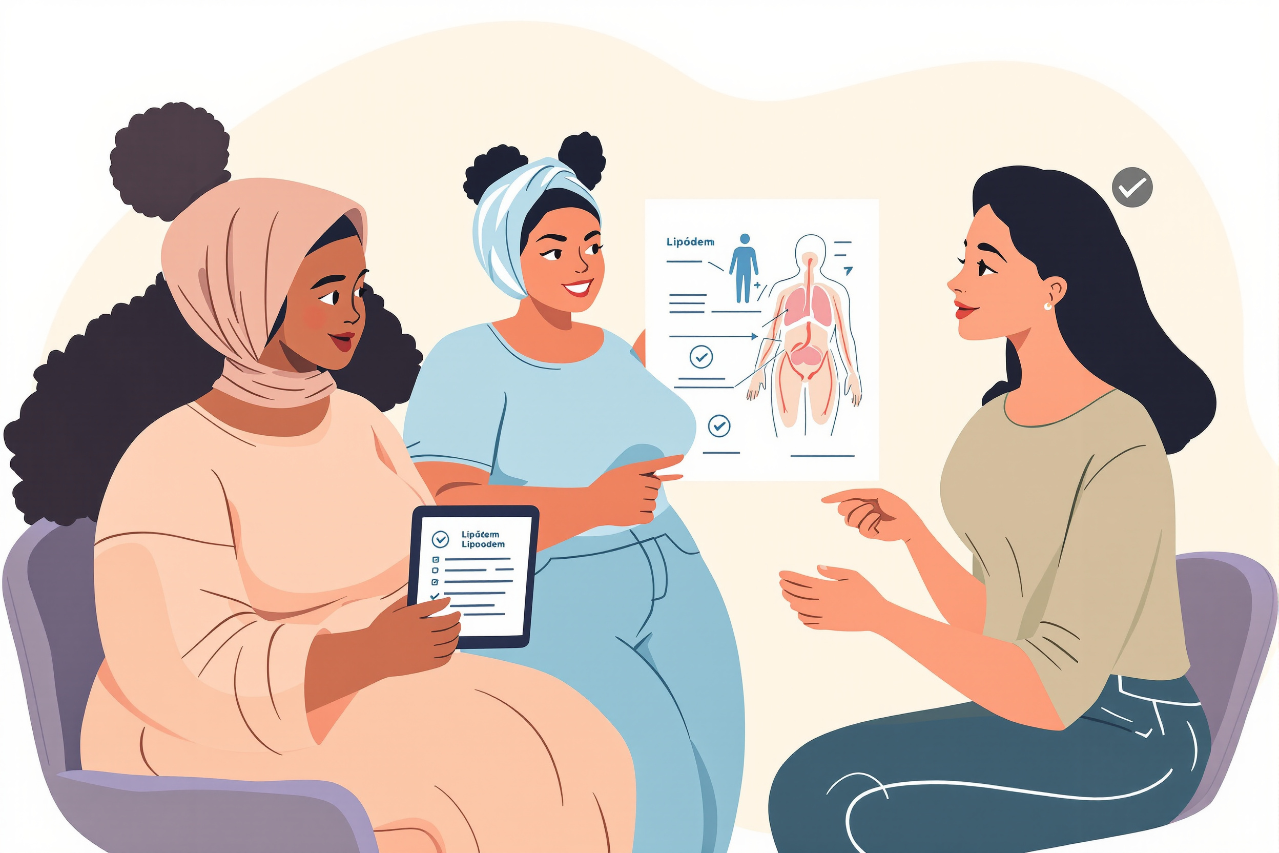 Illustration von drei Frauen unterschiedlicher Ethnien, die sich über Lipödem informieren. Freundliche, unterstützende Atmosphäre.