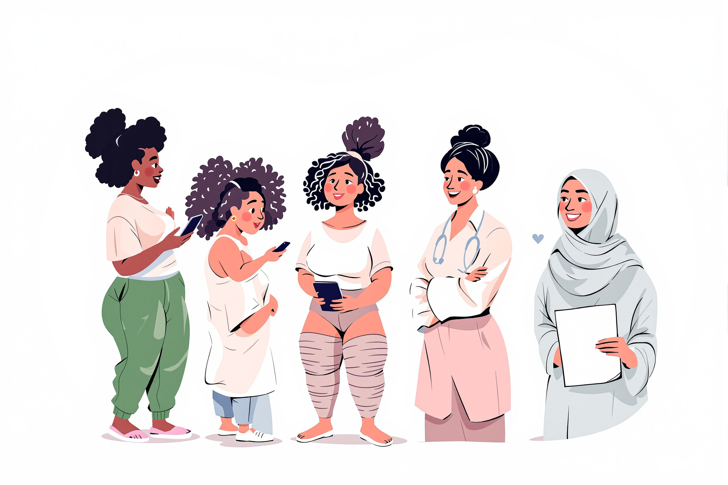 Illustration von vier Frauen, die den Weg von Lipödem-Verdacht zur Diagnose darstellen, mit der LipoCheck-App.