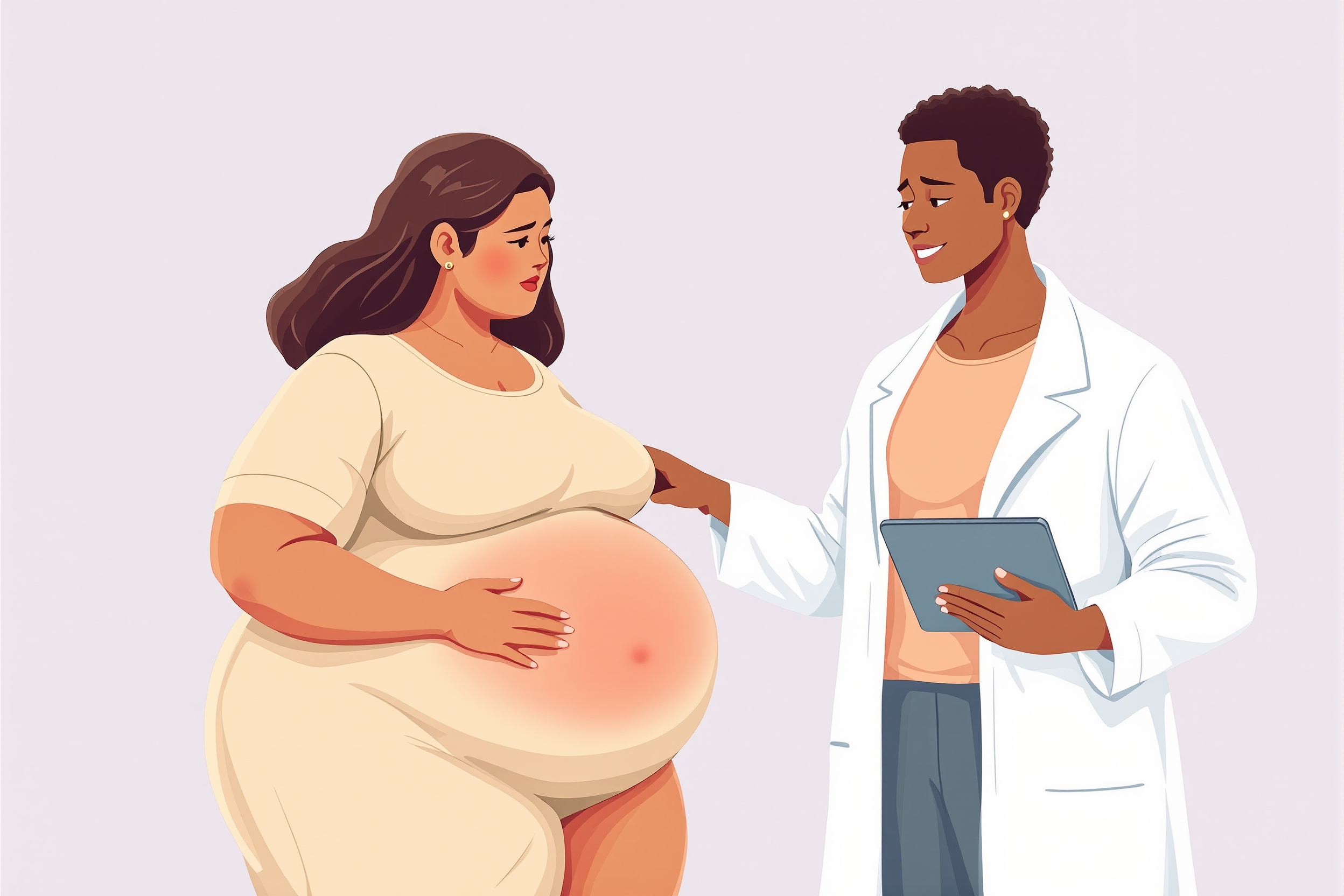 Illustration: Frau mit Lipödem-Symptomen und Ärztin, die die Fettverteilungsstörung erklärt.