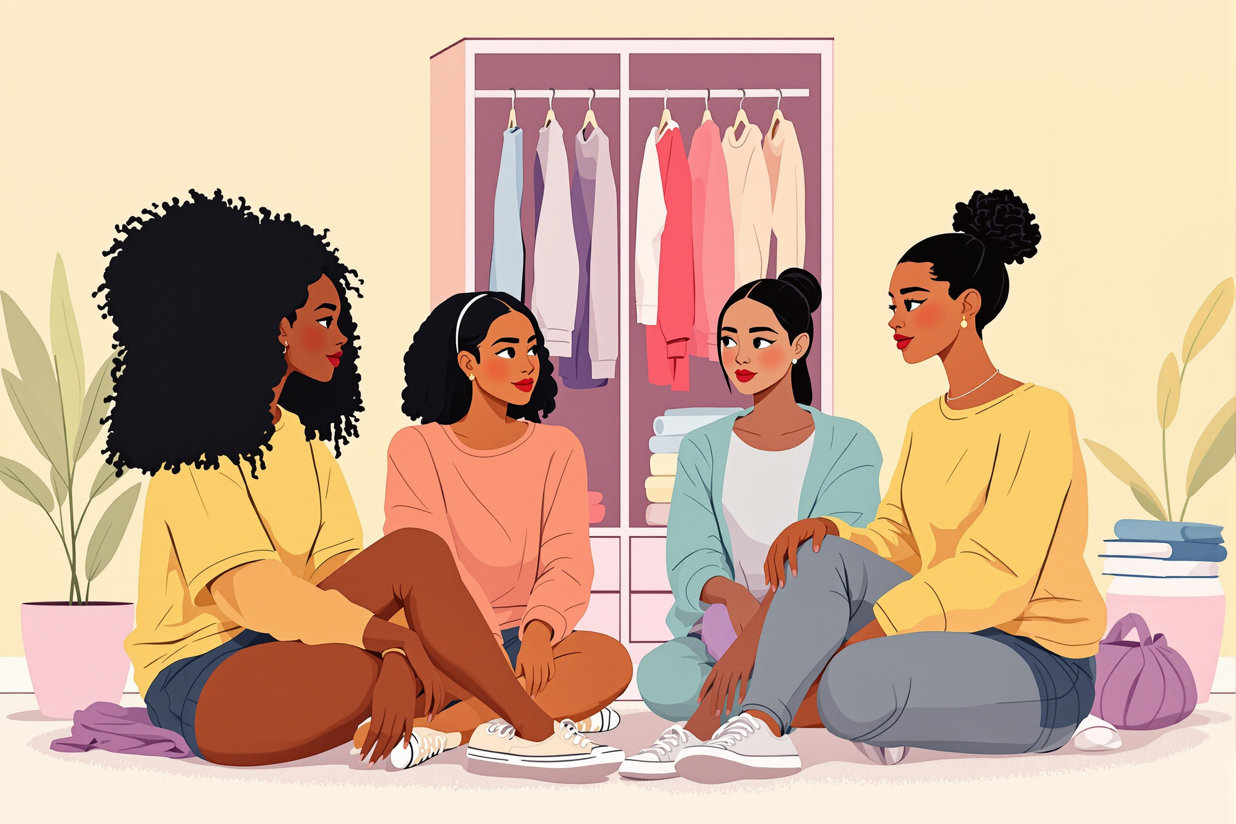 Illustration von vier Teenager-Mädchen unterschiedlicher Ethnien, die gemeinsam über Lipödem sprechen.