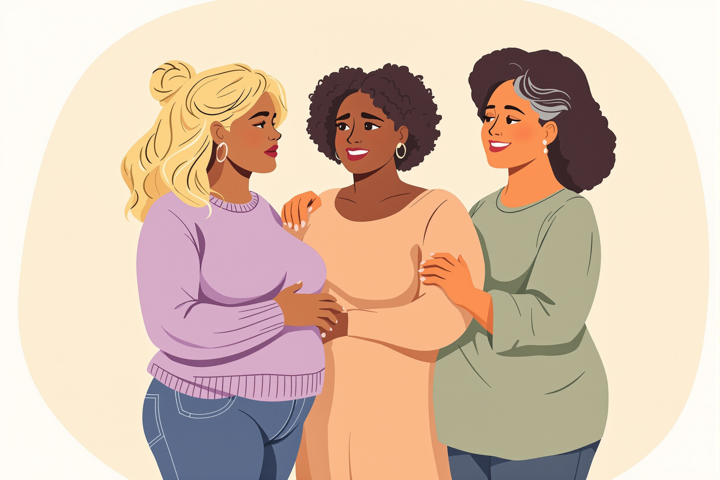 Illustration von drei Frauen, die sich gegenseitig unterstützen, um die psychischen Herausforderungen von Lipödem zu bewältigen.