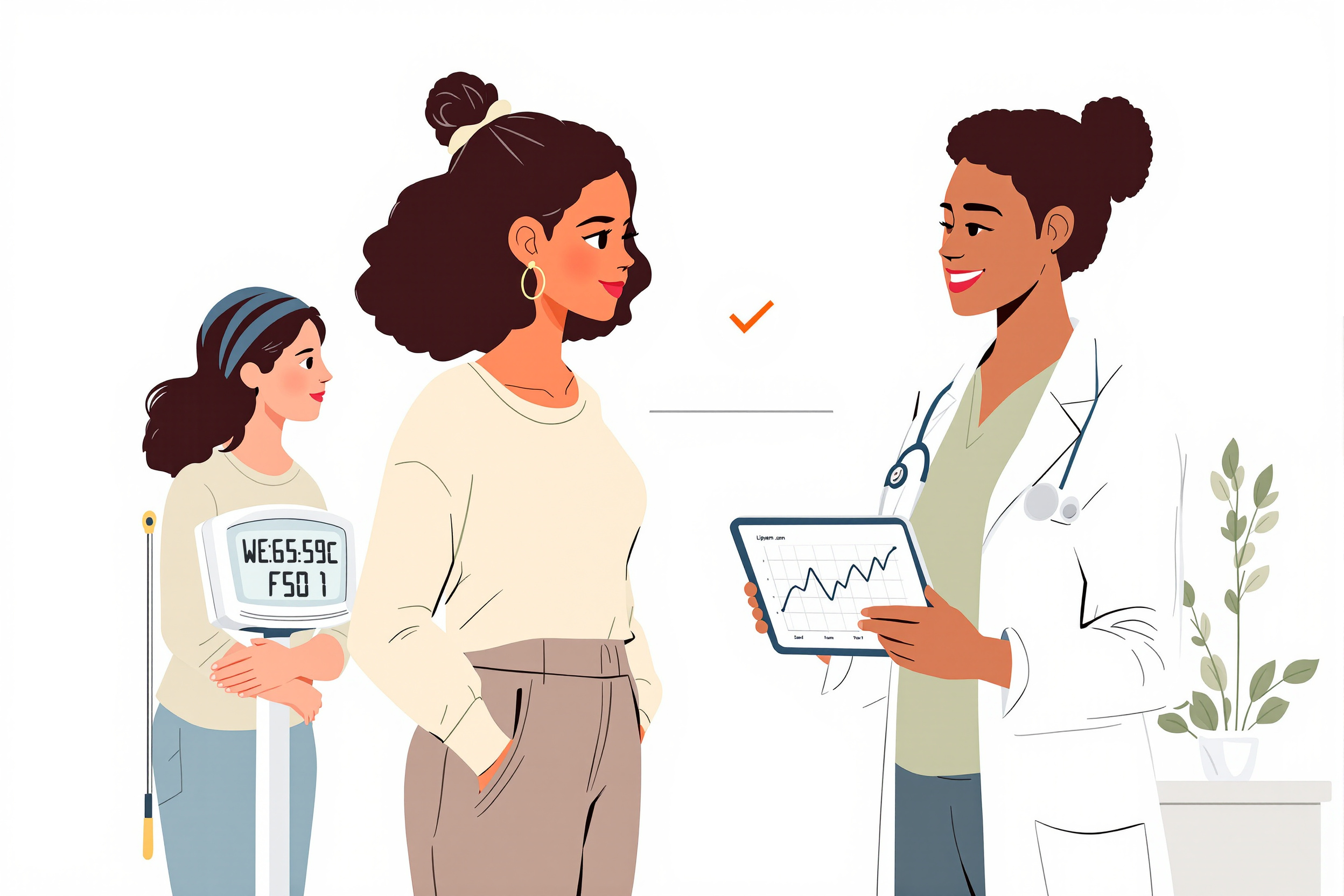 Illustration einer Gewichtsberatung für Lipödem-Patientinnen vor einer Operation, die die Bedeutung von Gewichtsstabilität zeigt.