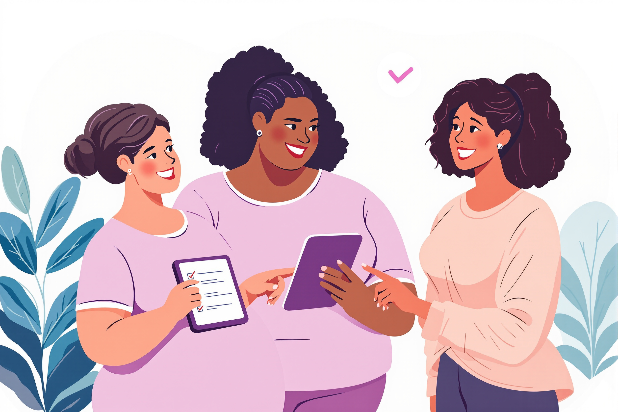 Illustration: Frauen mit Lipödem nutzen eine Checkliste für die Liposuktion, dargestellt im freundlichen LipoCheck-Stil.