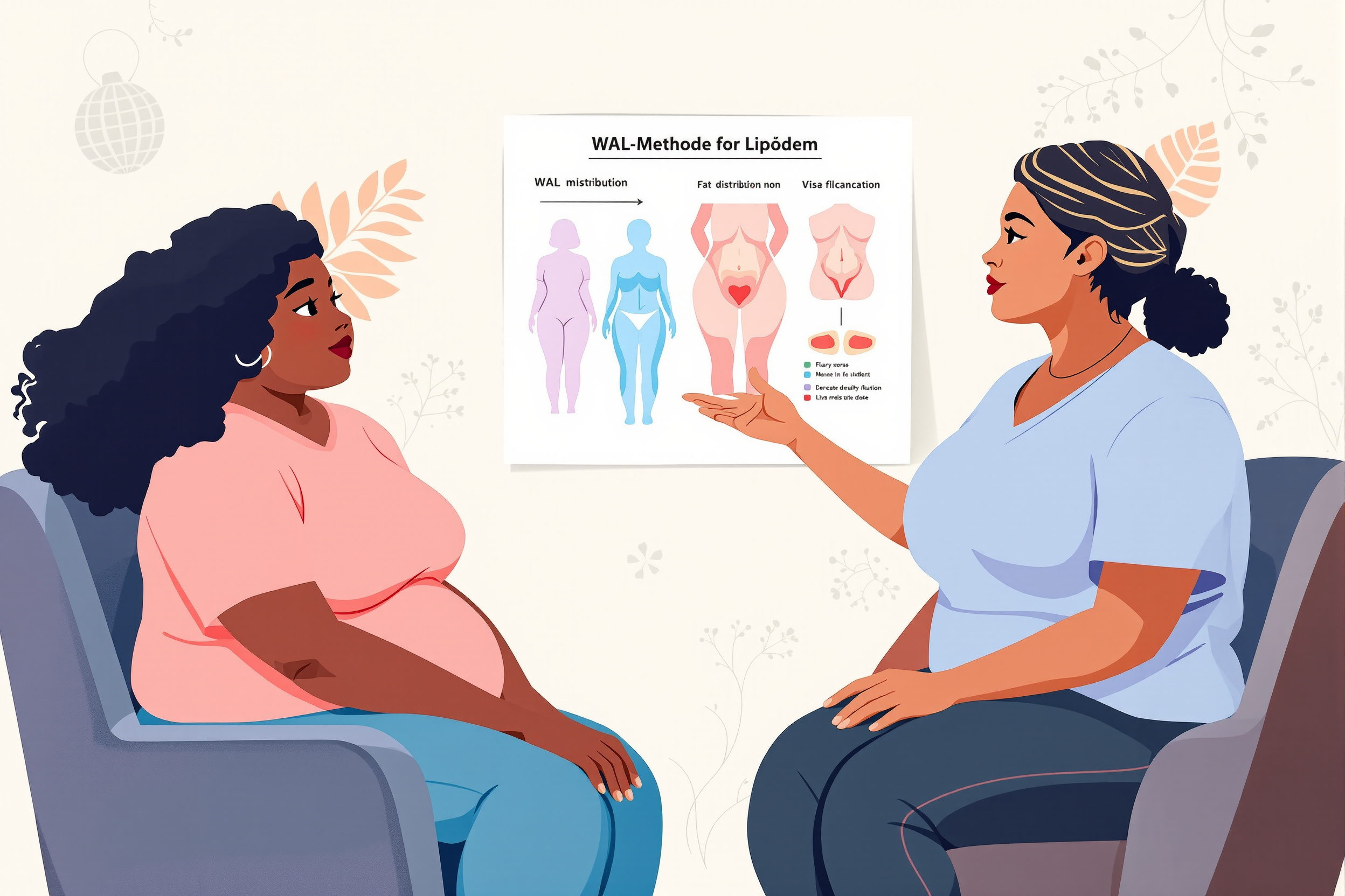 Illustration: Ärztin erklärt WAL-Methode bei Lipödem für Patientinnen.