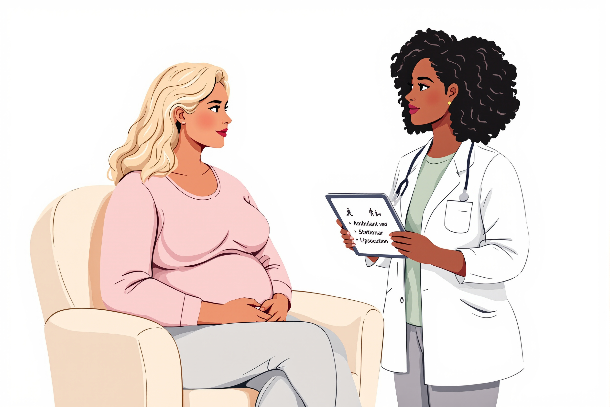 Illustration: Frau bespricht ambulante und stationäre Liposuktionsoptionen mit Ärztin für Lipödem.