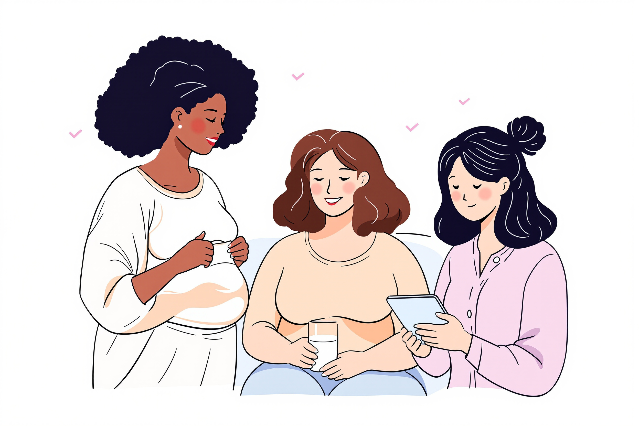 Illustration von drei diversen Frauen, die sich gegenseitig bei der Lipödem-Nachsorge unterstützen, mit Fokus auf Kompression und Informationen.