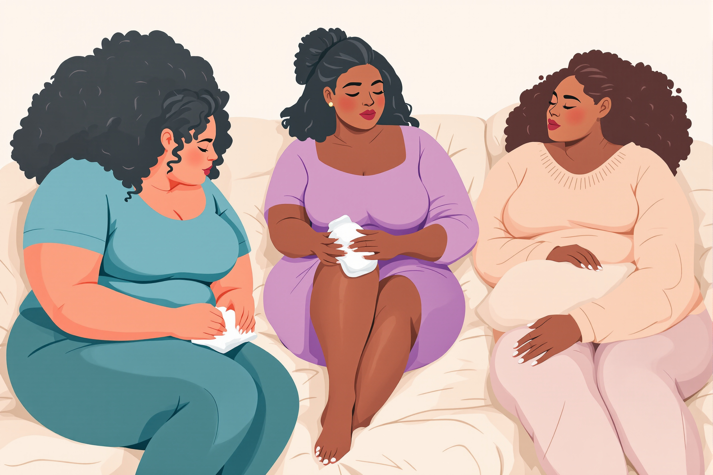 Illustration von drei Frauen unterschiedlicher Ethnien, die Lipödem-Symptome lindern.